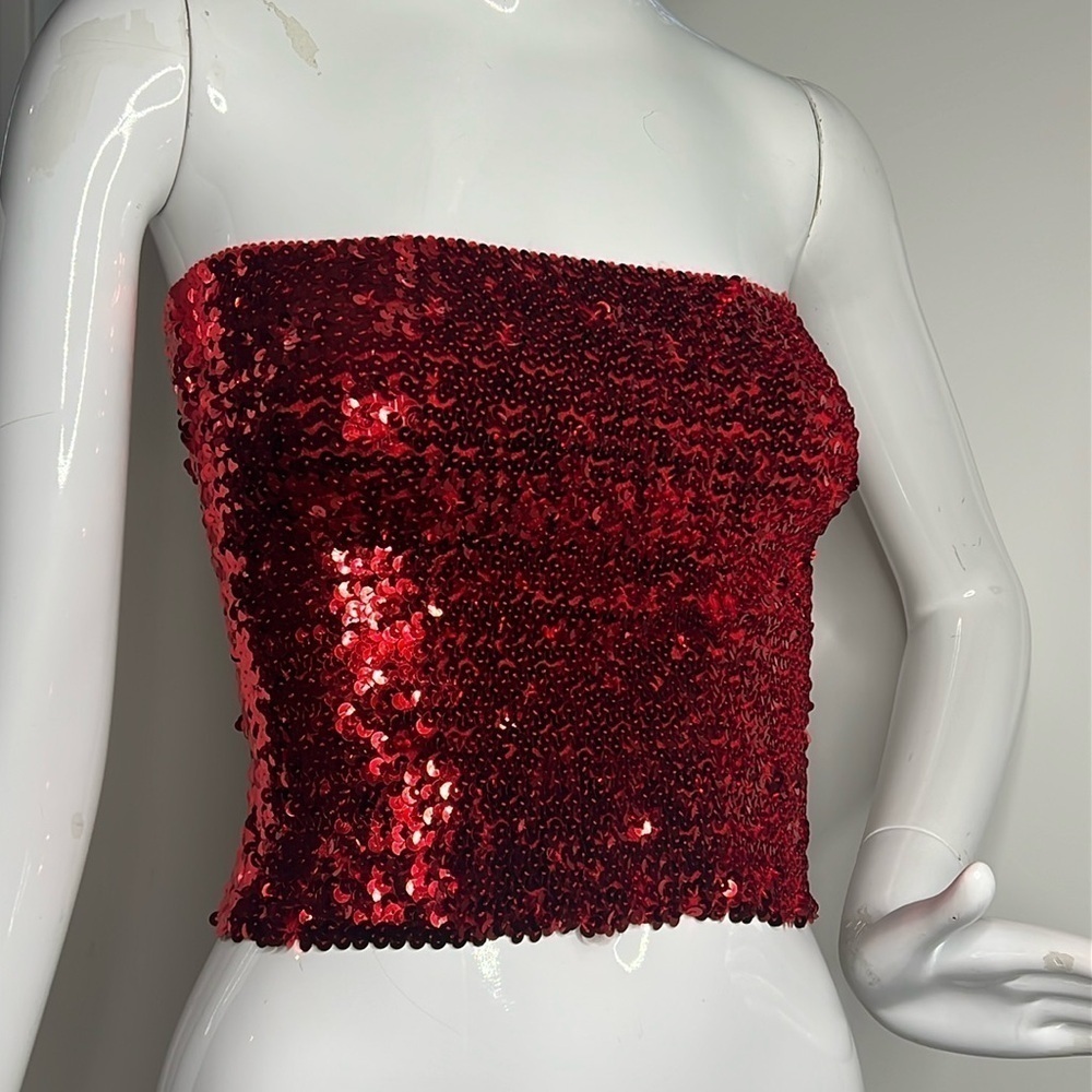 Red Sequin Sz Small Strapless Elastic Tube Top